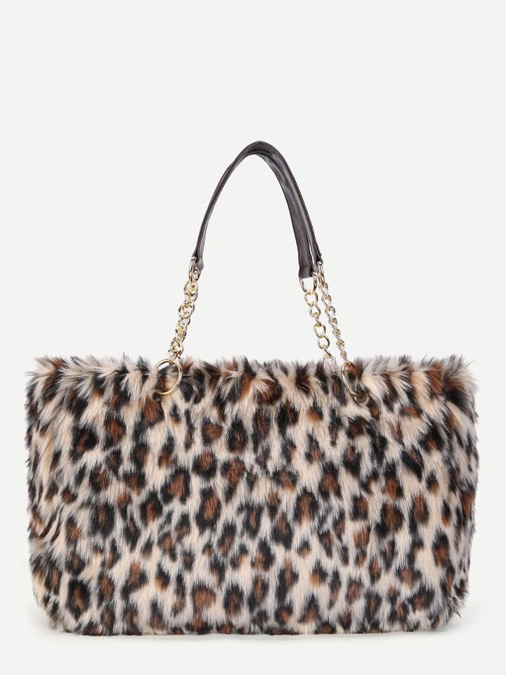 Romwe Leopard Print Faux Fur Overlay Tote Bag