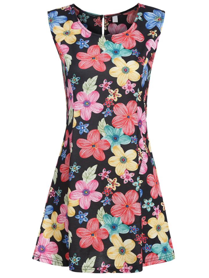 Romwe Sleeveless Floral Print Black Dress