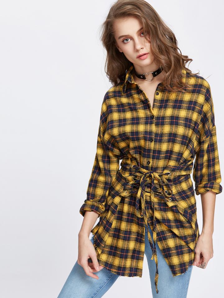 Romwe Yellow Plaid Lace Up Front Shirt