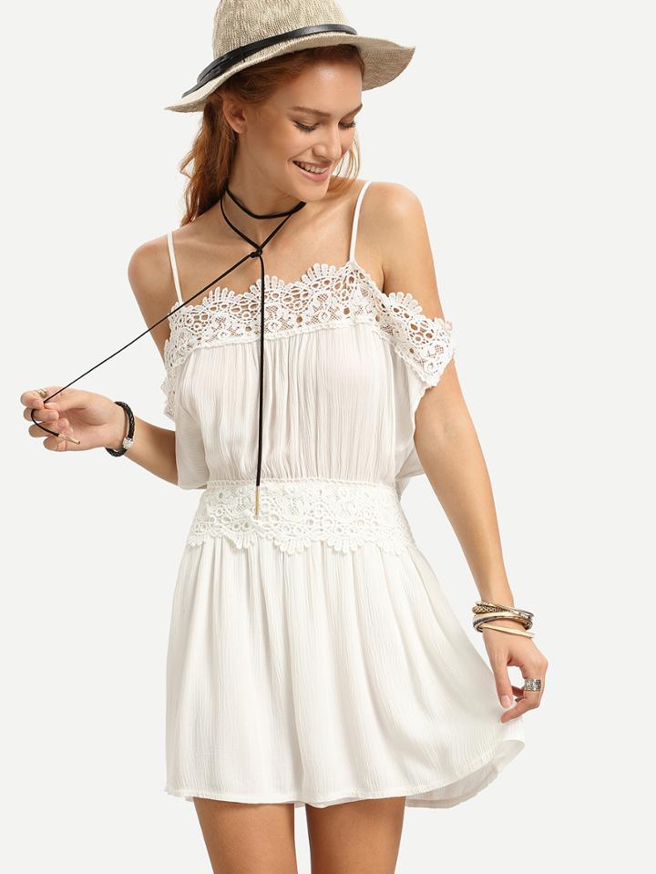 Romwe White Cold Shoulder Crochet Cut Out Back Dress