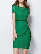 Romwe Green Round Neck Short Sleeve Embroidered Lace Dress
