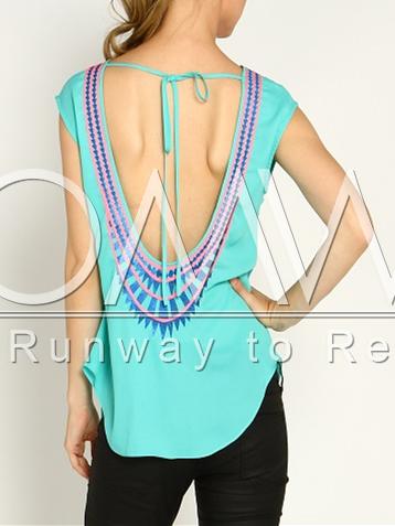 Romwe Green Cap Sleeve Backless Tribal Print Blouse
