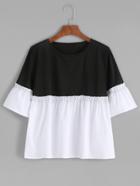 Romwe Color Block Bell Sleeve Ruffle Hem Blouse