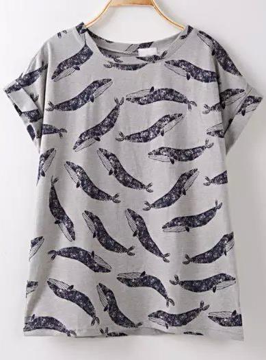 Romwe Grey Short Sleeve Whale Print Loose T-shirt
