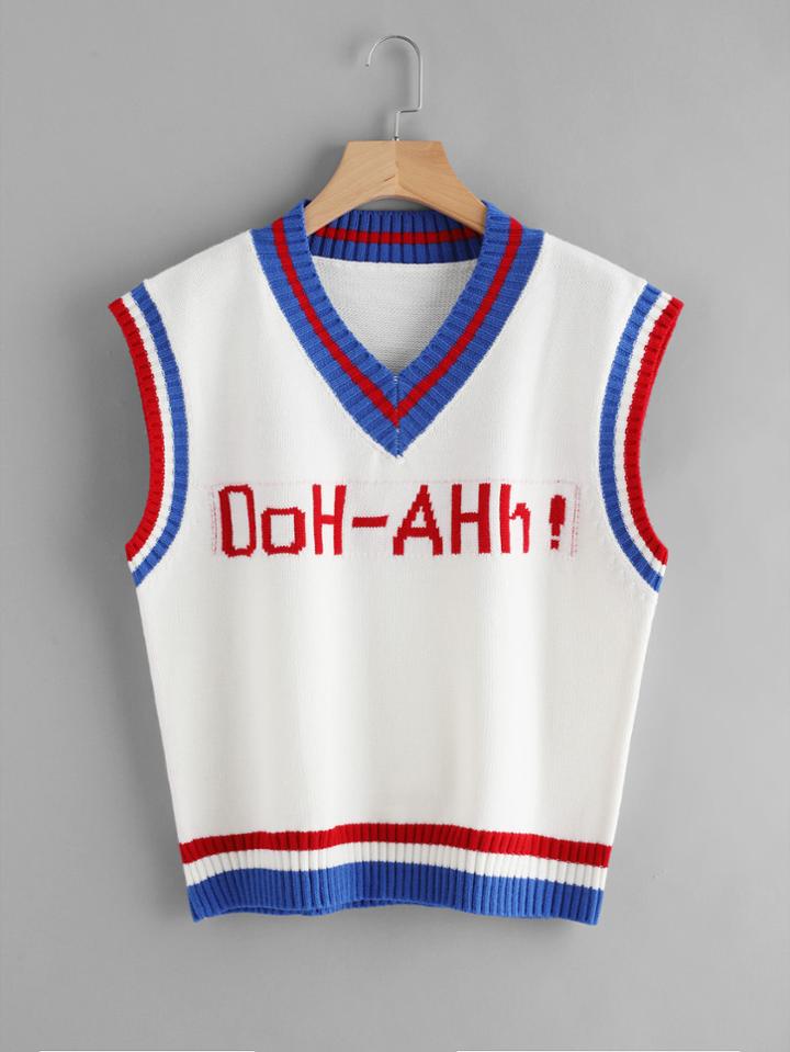 Romwe Letter Embroidered Striped Trim Sweater Tank Top