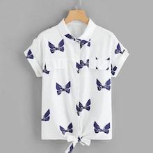 Romwe Plus Bow Print Roll Up Sleeve Shirt