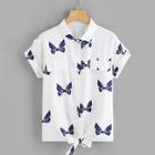 Romwe Plus Bow Print Roll Up Sleeve Shirt