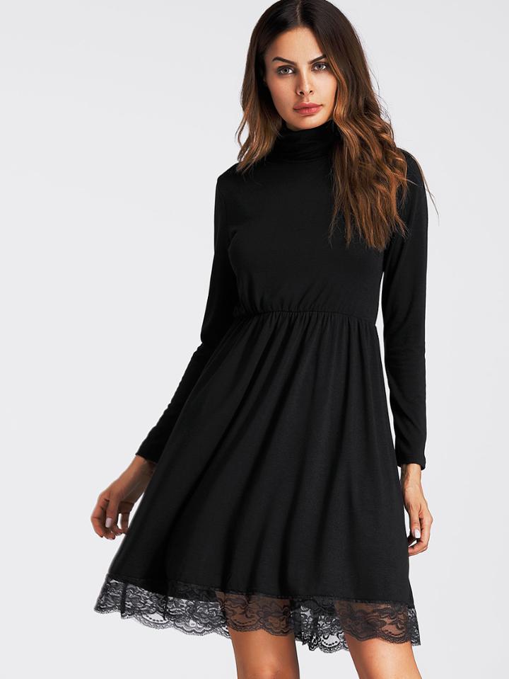 Romwe Scallop Lace Hem Skater Dress