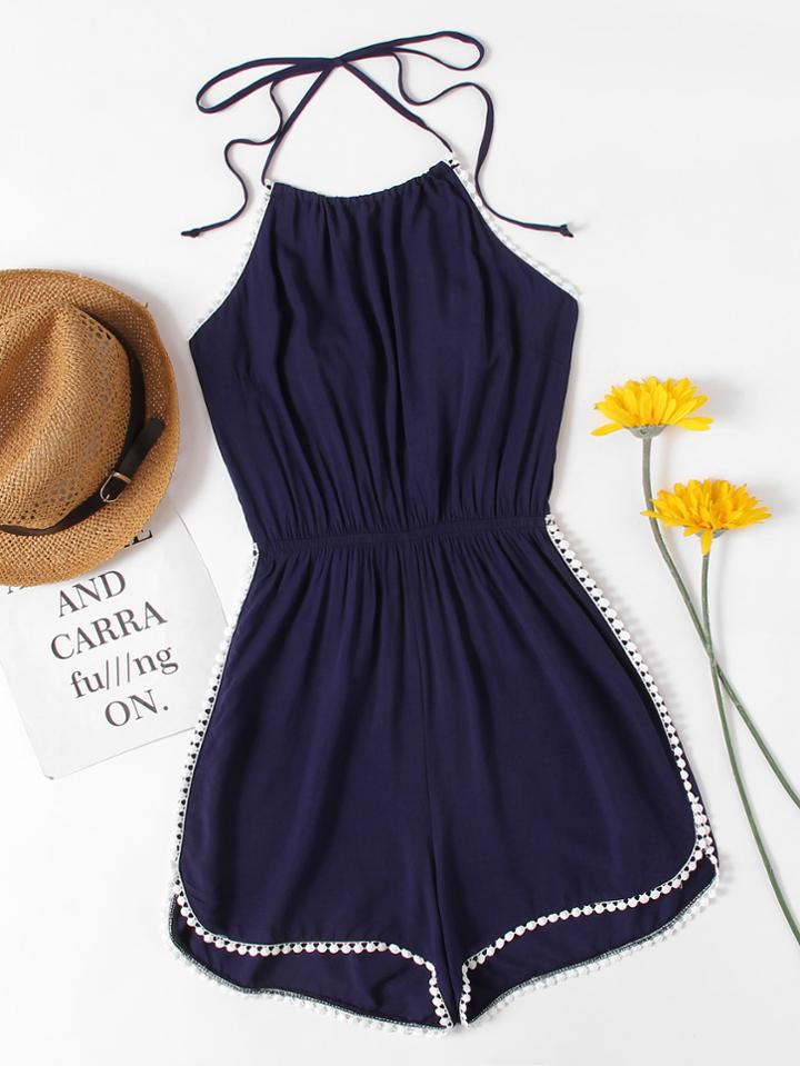 Romwe Halter Neck Lace Trim Romper