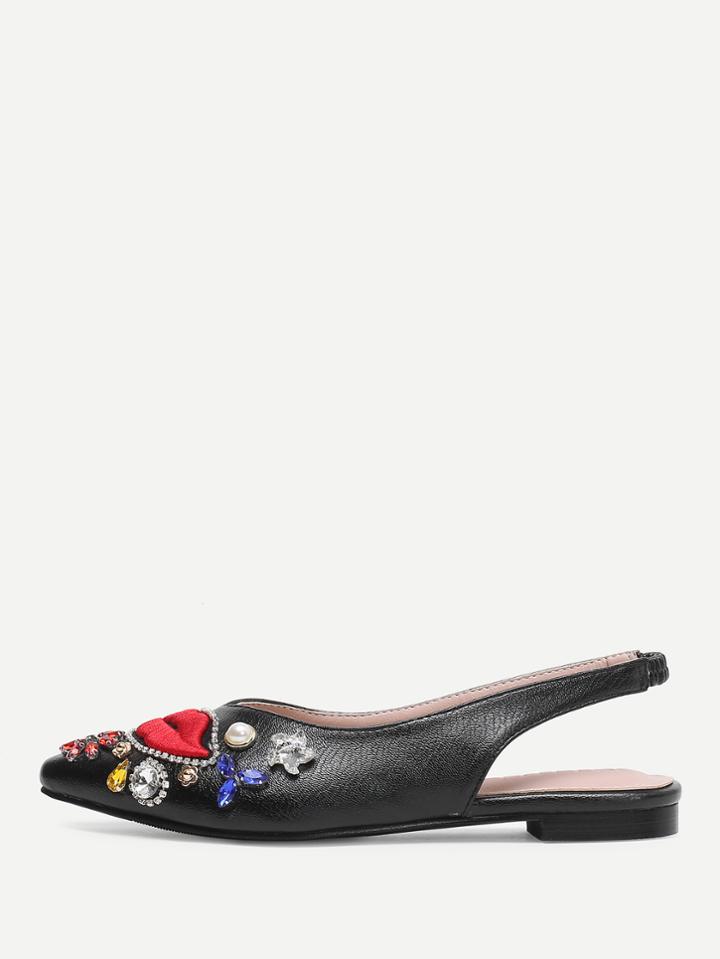 Romwe Lips Embroidered Jewelled Slingback Flats