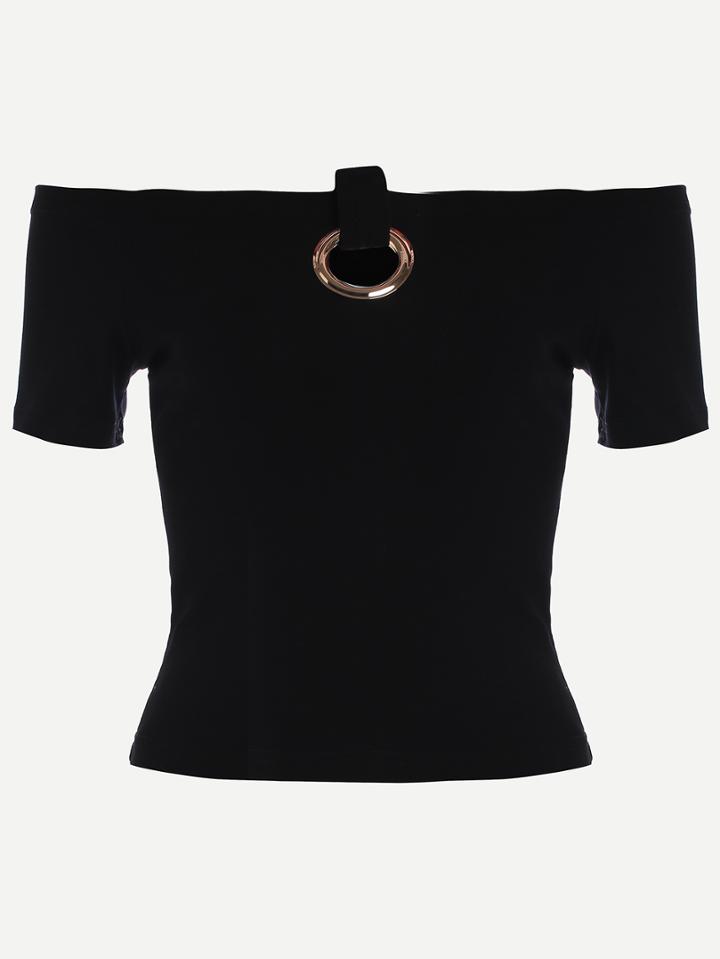 Romwe Black Keyhole Front Off The Shoulder T-shirt