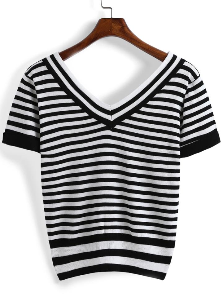 Romwe V Neck Striped Black Sweater