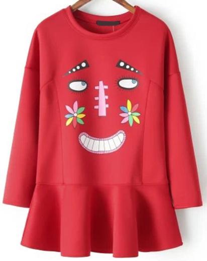 Romwe Cartoon Print Flouncing Red Dress