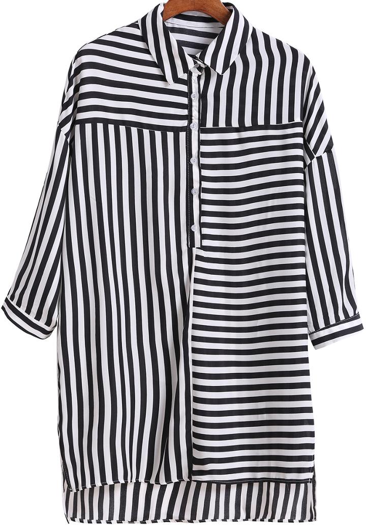 Romwe Black White Lapel Striped Dip Hem Blouse