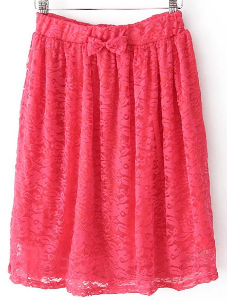Romwe Bow Embellished Lace Red Skirt