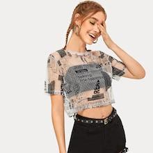 Romwe Slogan Print Embroidery Mesh Tee