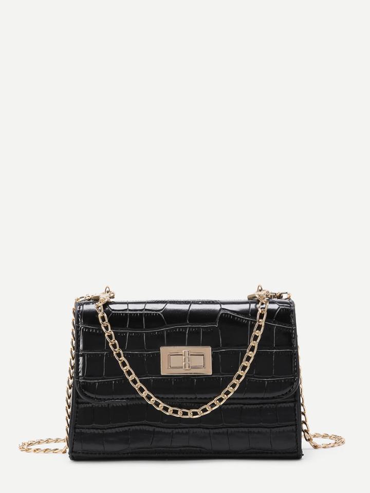 Romwe Pu Crocodile Print Twist Lock Chain Bag