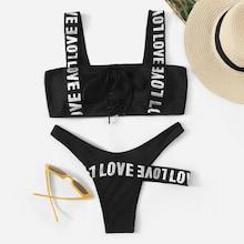 Romwe Letter Tape Lace-up Top With High Cut Bikini