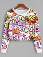 Romwe Multicolor Cartoon Print Crop Sweatshirt
