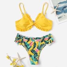 Romwe Tropical Frill Trim Mix & Match Bikini Set