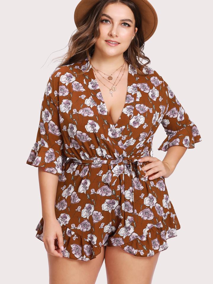 Romwe Wrap Floral Ruffle Hem Romper