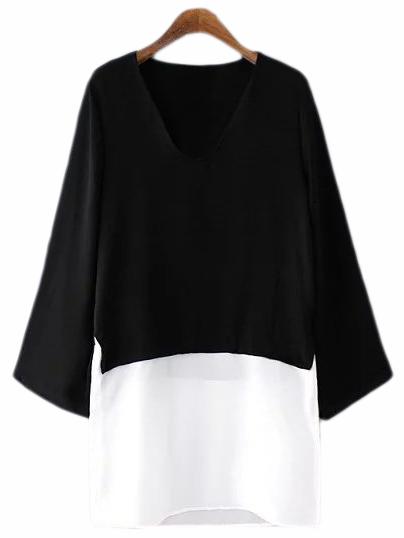 Romwe Black White V Neck Bell Sleeve Blouse