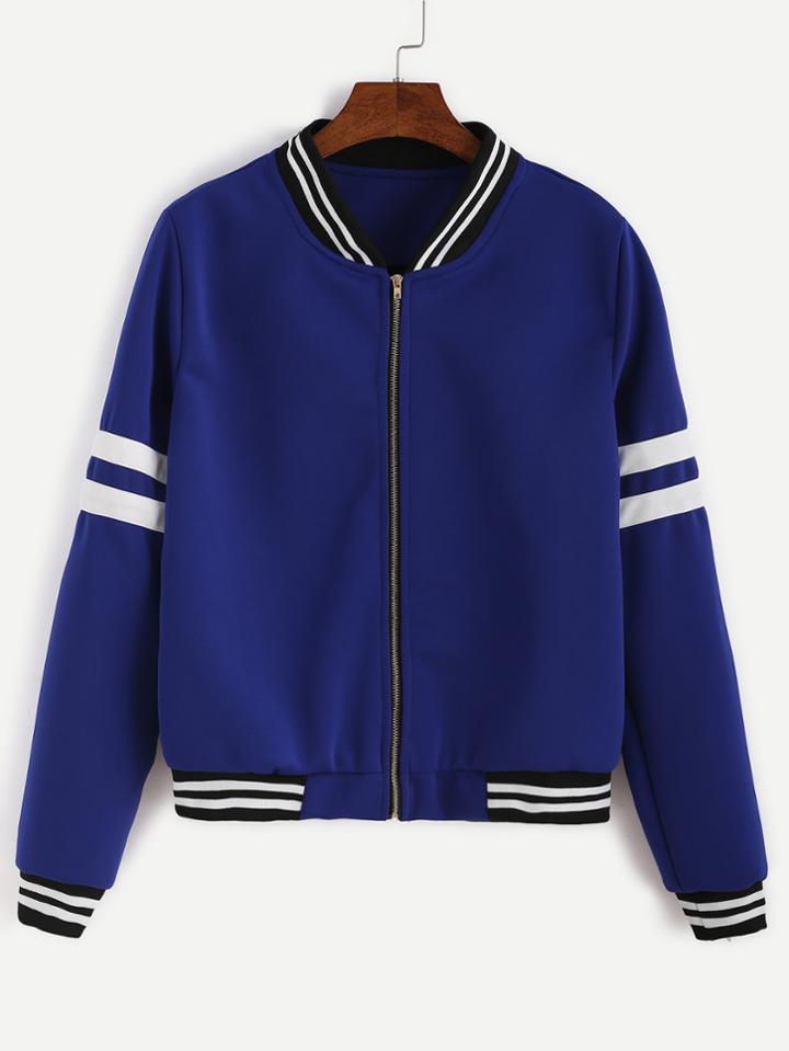 Romwe Royal Blue Varsity Striped Zip Up Jacket