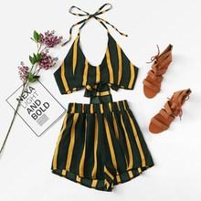 Romwe Striped Knot Back Halter Top With Shorts