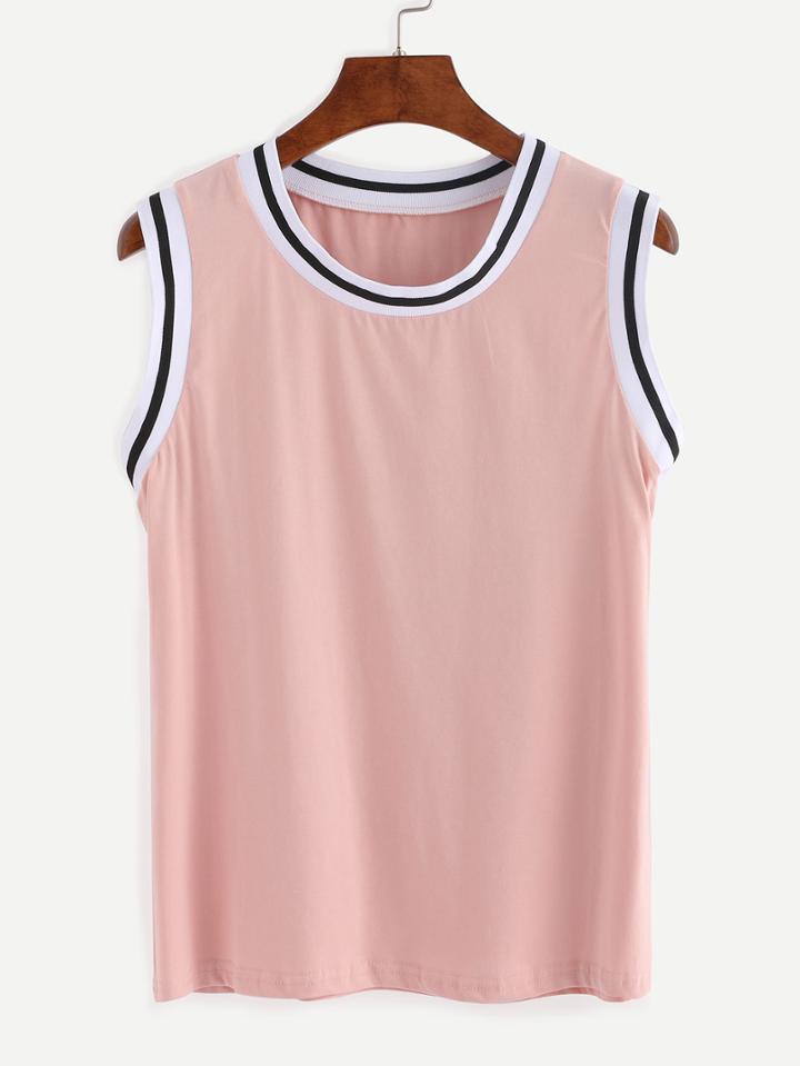 Romwe Striped Trim Tank Top - Pink
