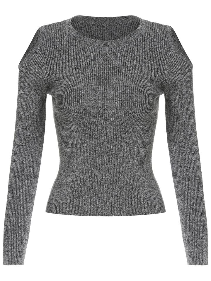 Romwe Open Shoulder Slim Grey Sweater
