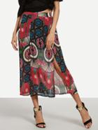 Romwe Multicolor Vintage Print Double Slit Chiffon Skirt