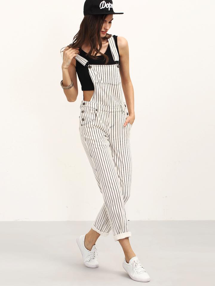 Romwe Black And White Striped Button Pocket Cuffed Jumpsuit