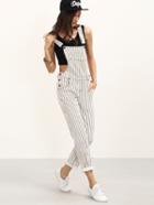 Romwe Black And White Striped Button Pocket Cuffed Jumpsuit