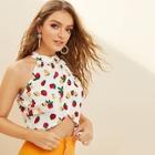 Romwe Strawberry & Floral Halter Wrap Cutout Back Top