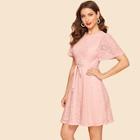 Romwe 50s Ribbon Tie Floral Lace Dress
