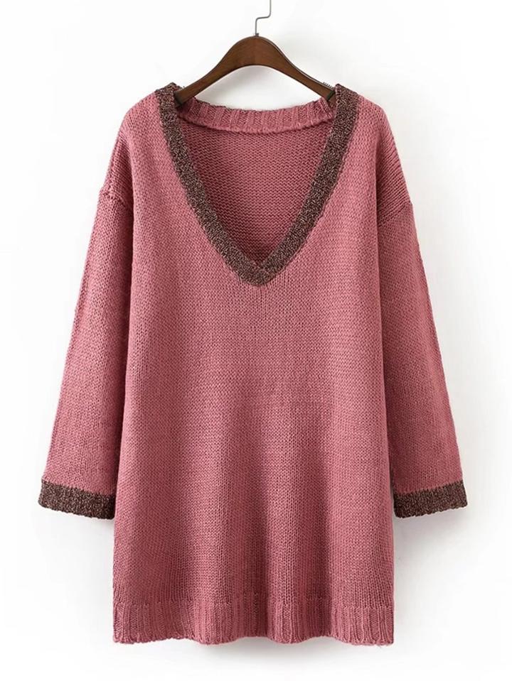 Romwe Contrast Trim V Cut Longline Sweater