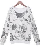 Romwe Floral Print Loose White Sweatshirt