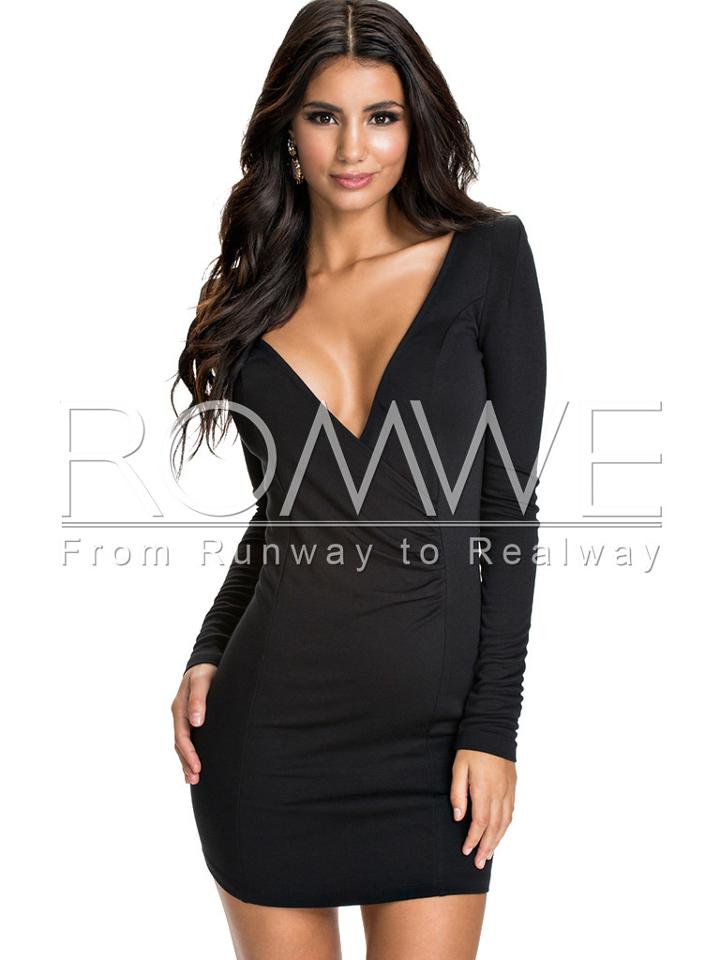 Romwe Black Long Sleeve V-neck Wrap Front Dress