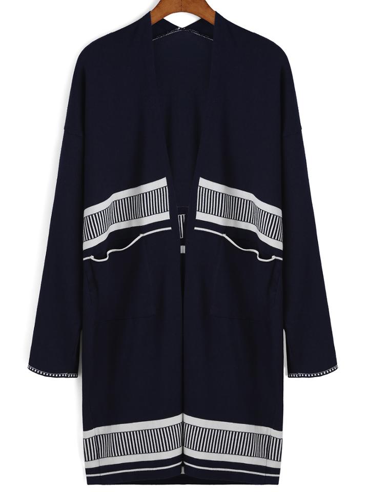 Romwe Long Sleeve Vertical Striped Pockets Black Cardigan