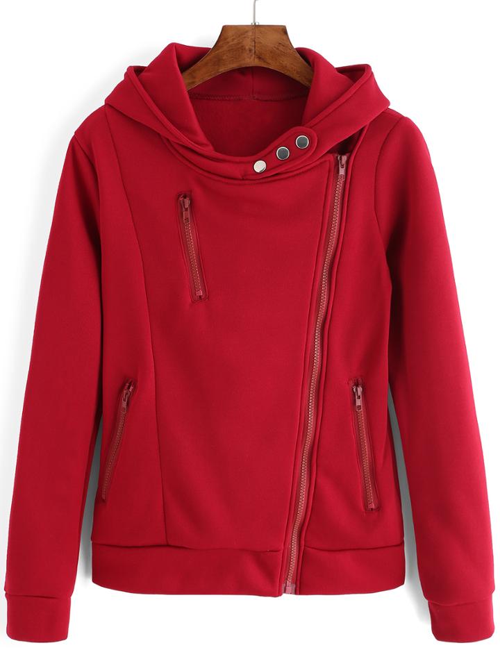 Romwe Hooded Zipper Burgundy Sweatshirt