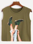 Romwe Army Green Graphic Print Crop Top