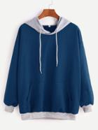 Romwe Blue Contrast Drop Shoulder Drawstring Hooded Pocket Sweatshirt