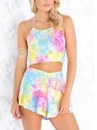 Romwe Colorful Halter Knotted Strapless Top With Shorts