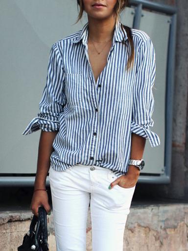 Romwe Blue Lapel Vertical Striped Blouse
