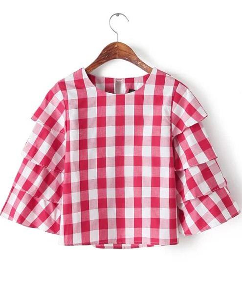 Romwe Red Round Neck Cake Sleeve Plaid Blouse