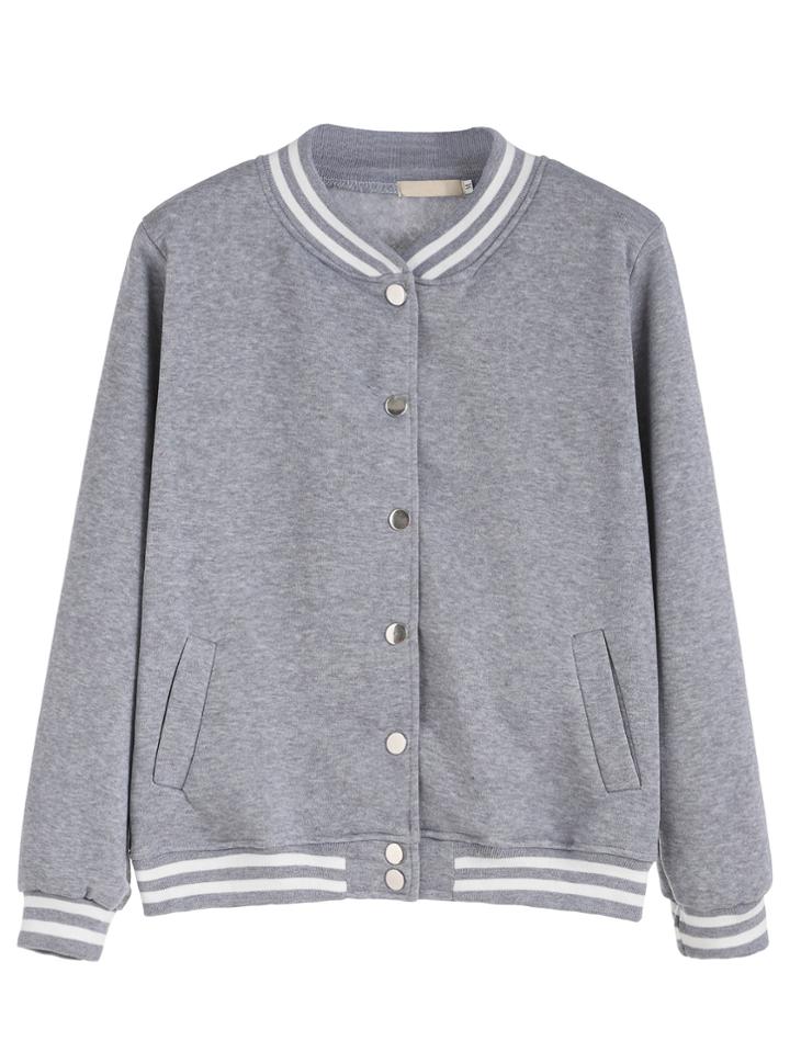 Romwe Grey Varsity Print Button Front Jacket