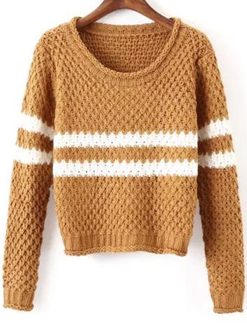 Romwe Striped Chunky Knit Khaki Sweater