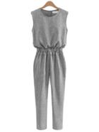 Romwe Grey Sleeveless Elastic Waist Jumpsuit