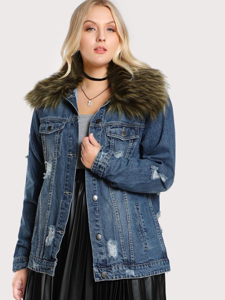 Romwe Faux Fur Lined Denim Jacket Blue