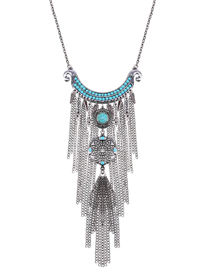 Romwe Silver Chain Fringe Turquoise Vintage Pendant Necklace